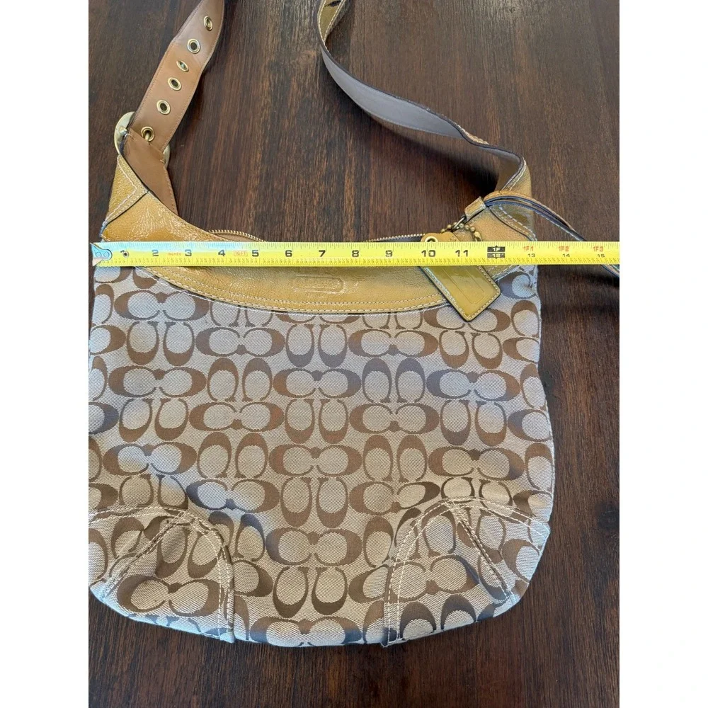 Coach Signature Jacquard Hobo Bag Yellow Patent Leather Trim Khaki Monogram